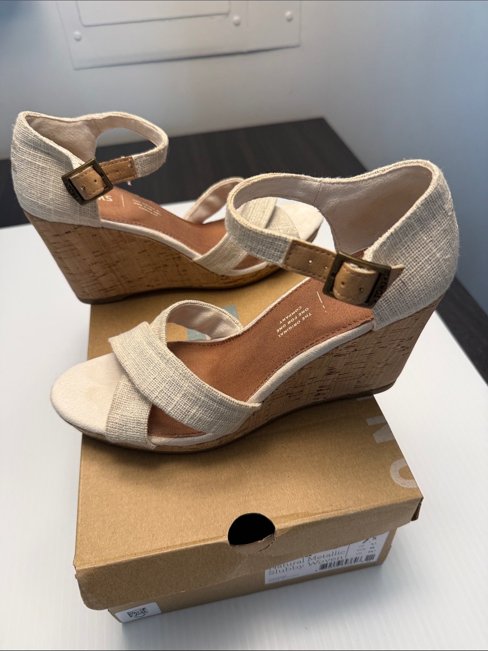 TOMS Sienna Natural Metallic Slubby Woven Cork Wedge Sandals - Picture 6 of 10